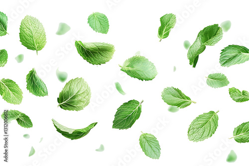 flying mint leaves isolated on white or transparent png.