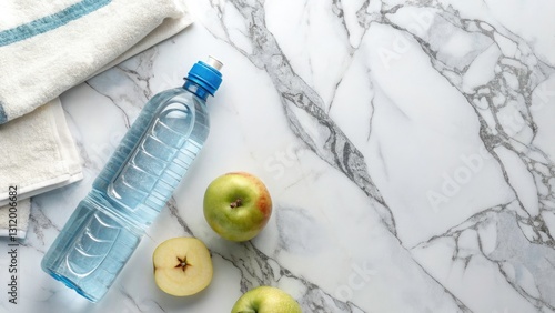 Top-Down View of a Water Bottle on Marble Surface for Clean and Clinical Conceptual Photography