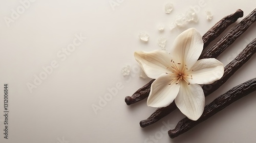 Vanilla sticks with flowers, vanilla bean and flower on white background
