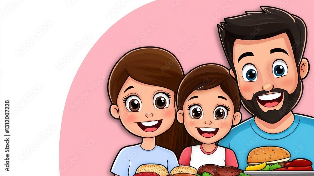 A cheerful family of three enjoys various delicious burgers, showcasing a joyful moment together with vibrant colors. A cheerful family of three enjoys various delicious burgers, showcasing a joyful moment together with vibrant colors.