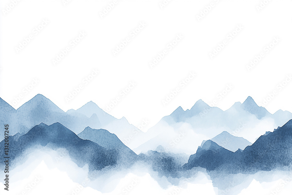 Fototapeta premium Serene watercolor landscape featuring layered blue mountains under a clear sky