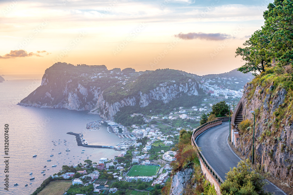 Anacapri, Capri, Italy: Scenic coastal road at sunset.
