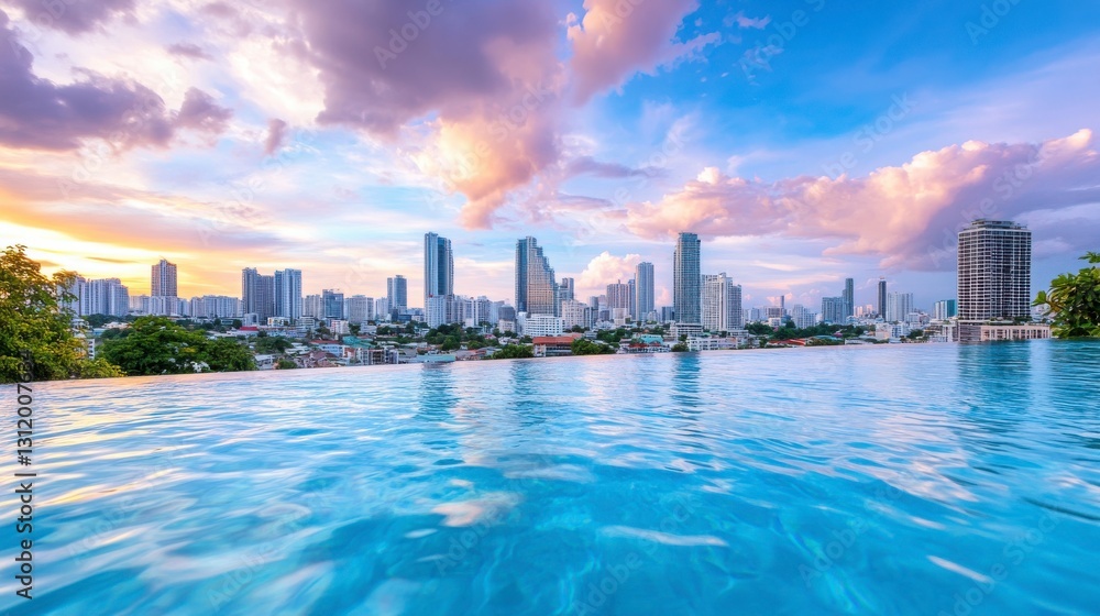 Naklejka premium Stunning Skyline View from Infinity Pool at Sunset in the City