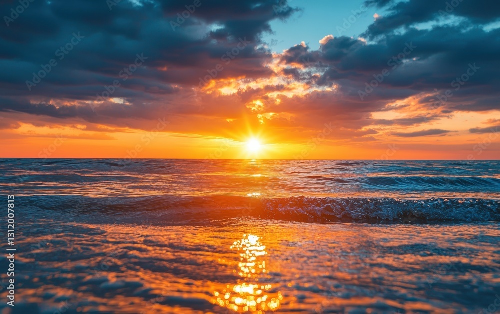 A vibrant sunset over a calm ocean with gentle waves reflecting the golden light A vibrant sunset over a calm ocean with gentle waves reflecting the golden light