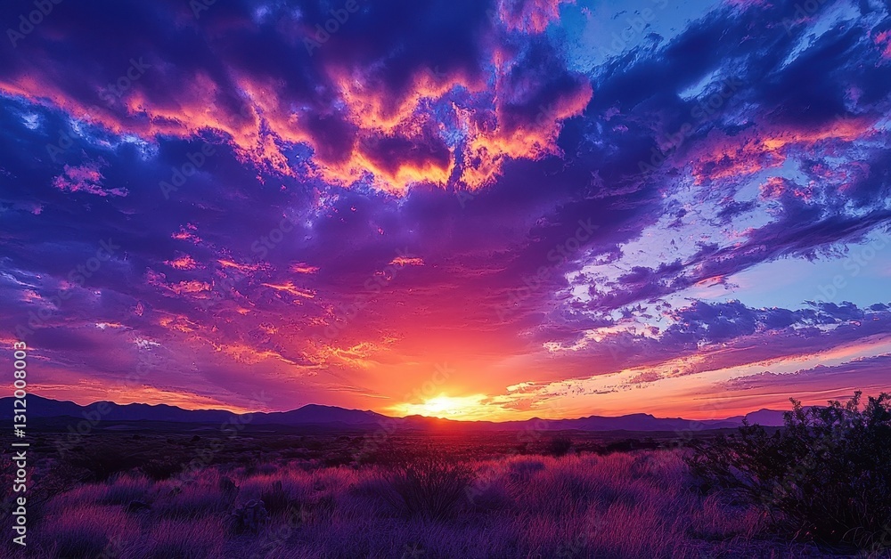 A vibrant sunset sky with clouds streaked in purple and orange, creating a breathtaking visual over a desert landscape A vibrant sunset sky with clouds streaked in purple and orange, creating a breathtaking visual over a desert landscape