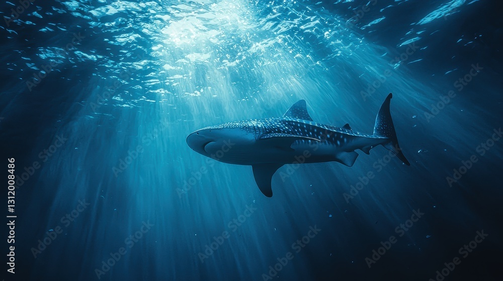 A whale shark gliding gracefully through the deep blue ocean, its spotted skin illuminated by sunlight filtering through the water A whale shark gliding gracefully through the deep blue ocean, its spotted skin illuminated by sunlight filtering through the water