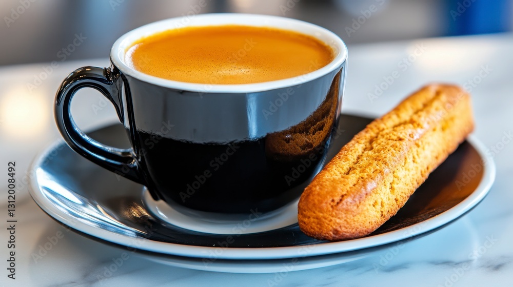 Freshly Brewed Coffee in Black Cup With Biscuit on a Plate Freshly Brewed Coffee in Black Cup With Biscuit on a Plate