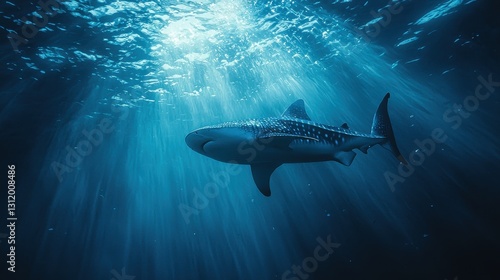 Wallpaper Mural A whale shark gliding gracefully through the deep blue ocean, its spotted skin illuminated by sunlight filtering through the water Torontodigital.ca