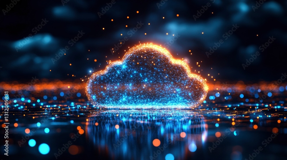 Glowing Cloud Computing Network, Digital Data Storage, Abstract Technology Concept Glowing Cloud Computing Network, Digital Data Storage, Abstract Technology Concept