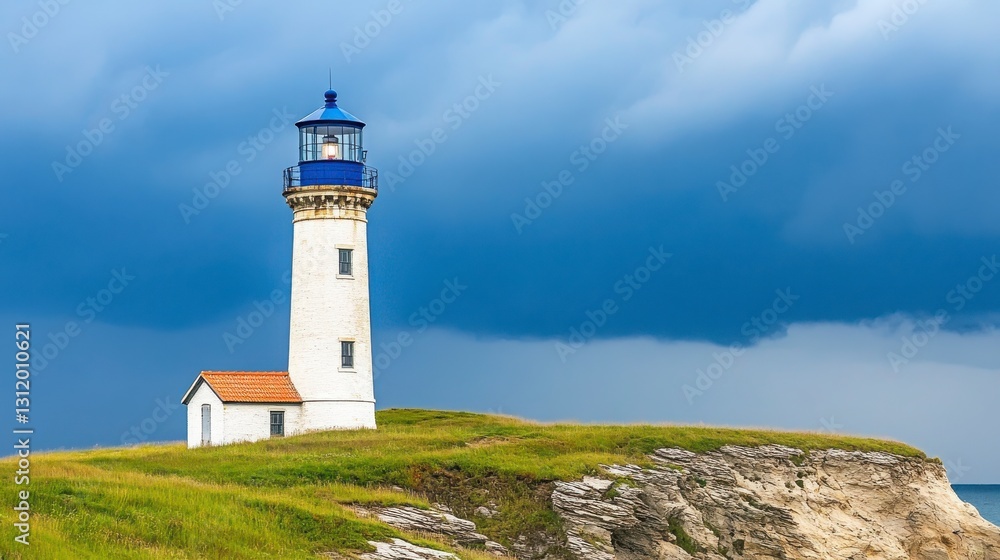 Scenic Lighthouse on Green Cliff with Dramatic Sky Over Ocean Scenic Lighthouse on Green Cliff with Dramatic Sky Over Ocean