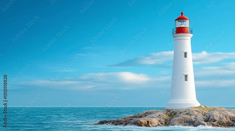 Bright Lighthouse Standing Tall Beside Calm Ocean Waves and Sky Bright Lighthouse Standing Tall Beside Calm Ocean Waves and Sky