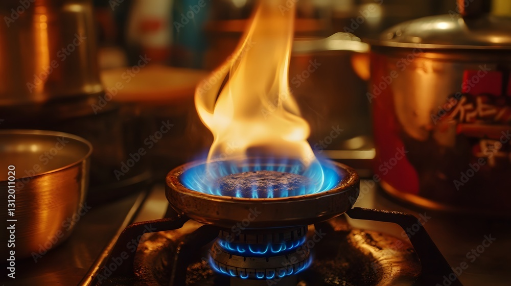 Close up of a Gas Stove Burner with Intense Blue and Orange Flames Close up of a Gas Stove Burner with Intense Blue and Orange Flames
