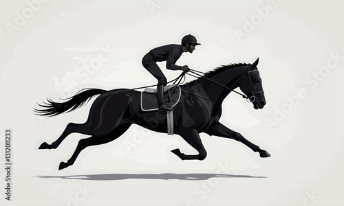 Black horse gallops, carrying jockey in pixel art style