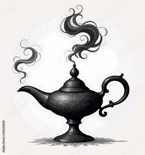 Black and white vintage genie lamp with smoke swirling