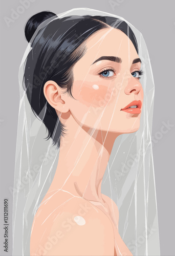 Blue-eyed bride with veil and black updo hairstyle