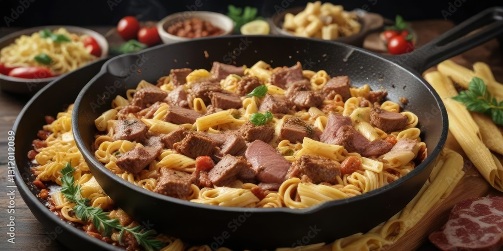Hearty pasta and meat mixture in a large skillet , cooking utensil, food Hearty pasta and meat mixture in a large skillet , cooking utensil, food