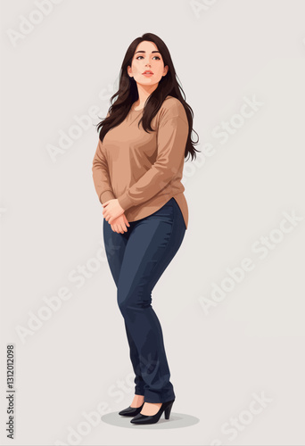 Brunette woman in casual wear gazes upward