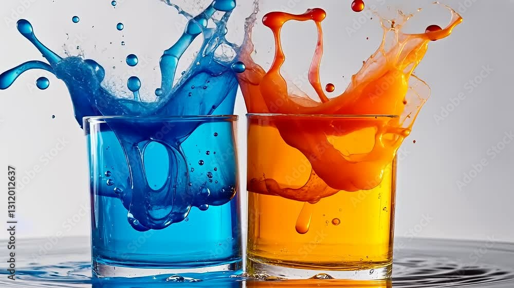 Two glasses with blue and orange liquids splashing, showcasing vibrant colors and motion.