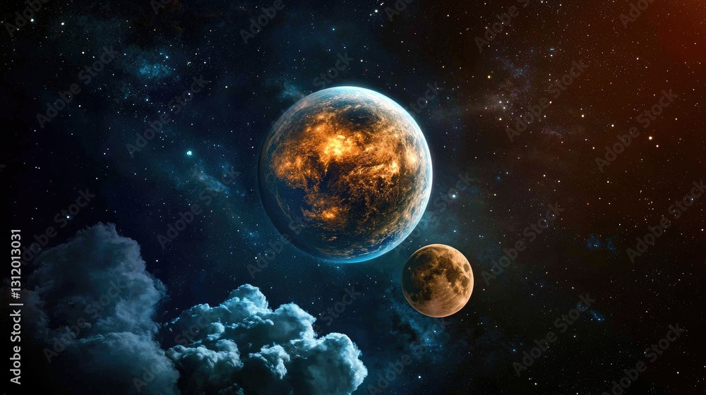Obraz premium A cosmic view of Earth and the Moon aligned, glowing softly against the infinite blackness of space