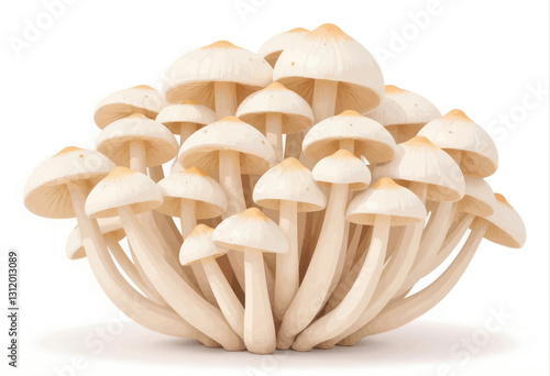 Cluster of ivory white edible mushrooms with tan centers