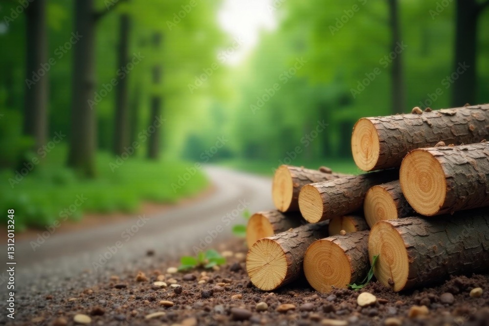 A stack of freshly cut logs rests by a tranquil forest path A stack of freshly cut logs rests by a tranquil forest path