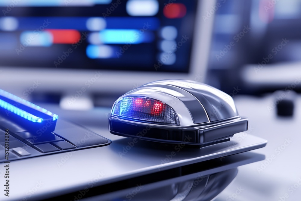 A close-up of a police light on a laptop, symbolizing law enforcement technology A close-up of a police light on a laptop, symbolizing law enforcement technology