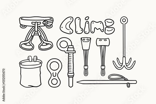 climbing sit harness, figure, chalk bag, anchor, wall grips, stopper, chock, fastener safety gears outline line art icon symbol element designs set for adventure, explorer, mountaineer, climber