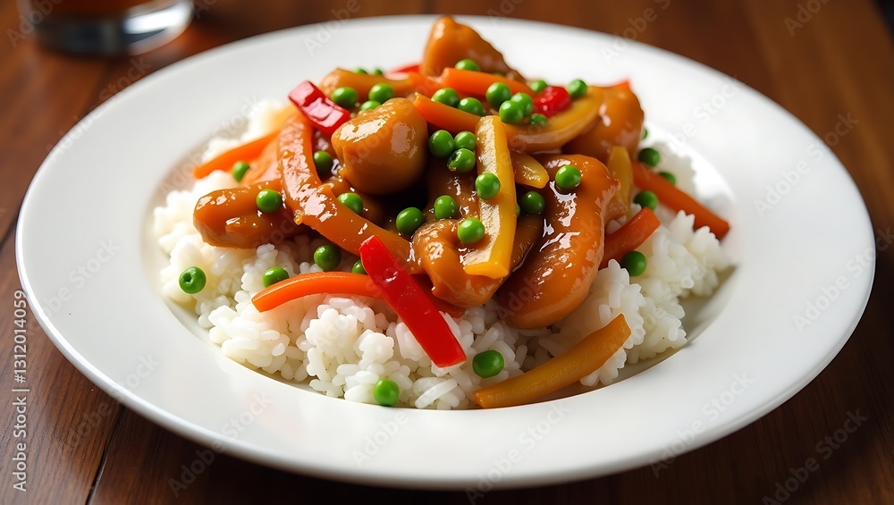 Sweet and Sour Chicken with Rice and Vegetables on White Plate Sweet and Sour Chicken with Rice and Vegetables on White Plate