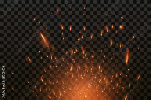 Fire sparks and flames effect. Sparks are realistic. Isolated. Light. Heat transparent background. Campfire.
