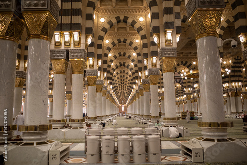 The interior of the Nabawi Mosque, the Prophet Mosque in the city of Medina, Saudi Arabia.
