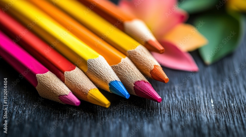 Vibrant Colored Pencils on Dark Wooden Background Vibrant Colored Pencils on Dark Wooden Background