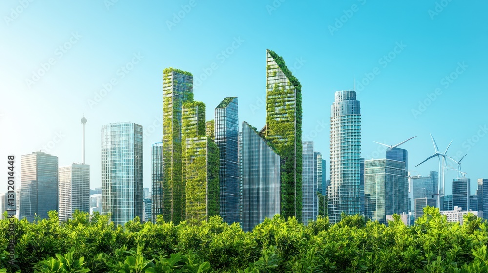 Sustainable city skyline with green buildings and trees Sustainable city skyline with green buildings and trees