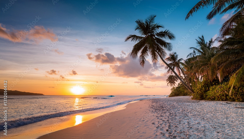 Fototapeta premium Beautiful exotic Island with white sandy beaches and palmtress with sunset in the background scenery