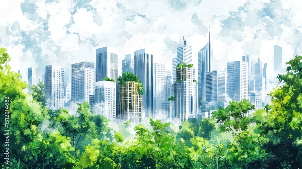 Obraz premium Sustainable city skyline, lush trees, urban greenery, future environment, possible use for eco-conscious design