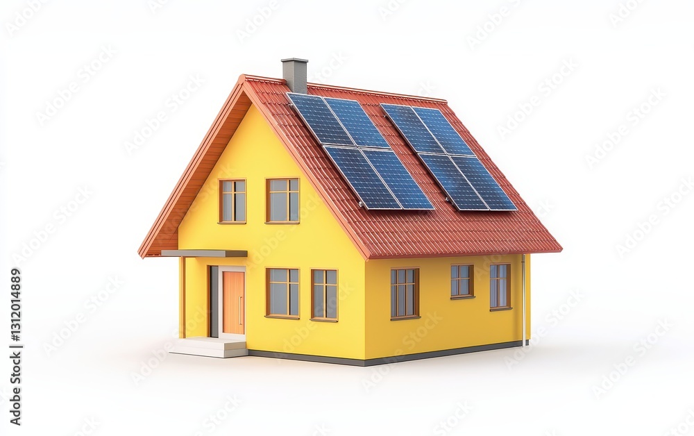Single Scandinavian-style house with solar panels and an eco-conscious design, isolated on a white background Single Scandinavian-style house with solar panels and an eco-conscious design, isolated on a white background
