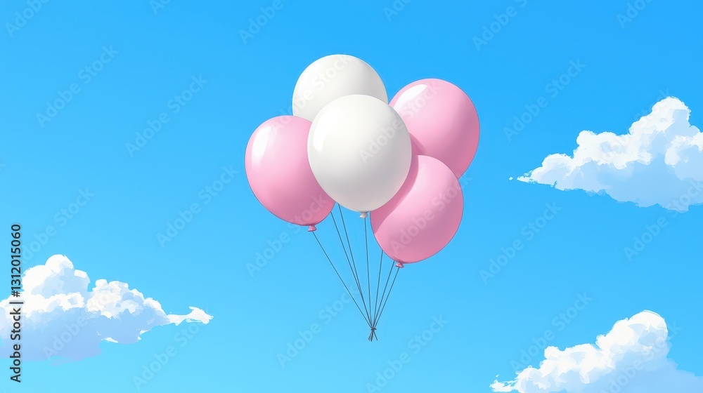 Pink and white balloons floating in a clear blue sky with fluffy clouds. Pink and white balloons floating in a clear blue sky with fluffy clouds.