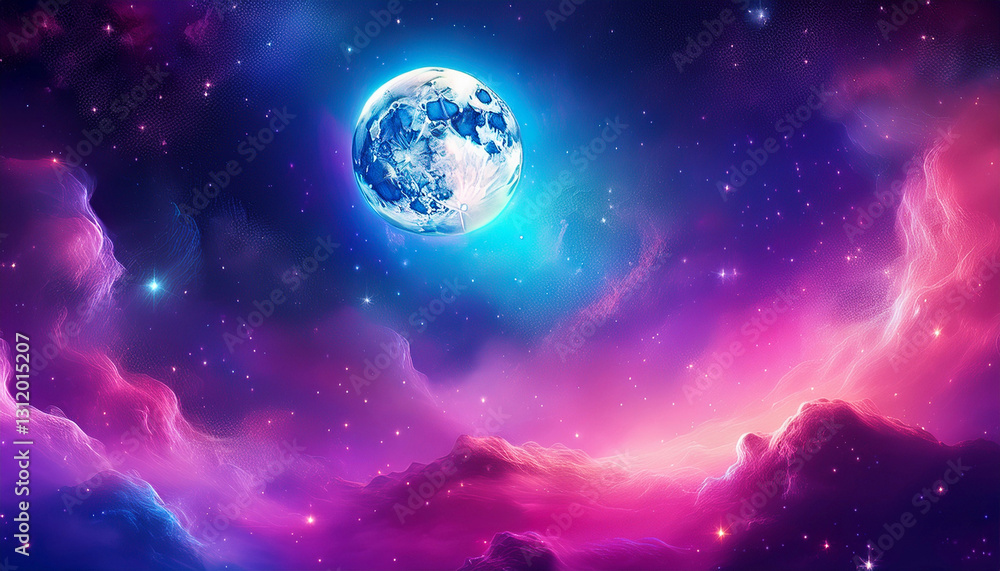 Naklejka premium Beautiful fantasy world background with pink fluffy clouds, shimmering stars and the moon