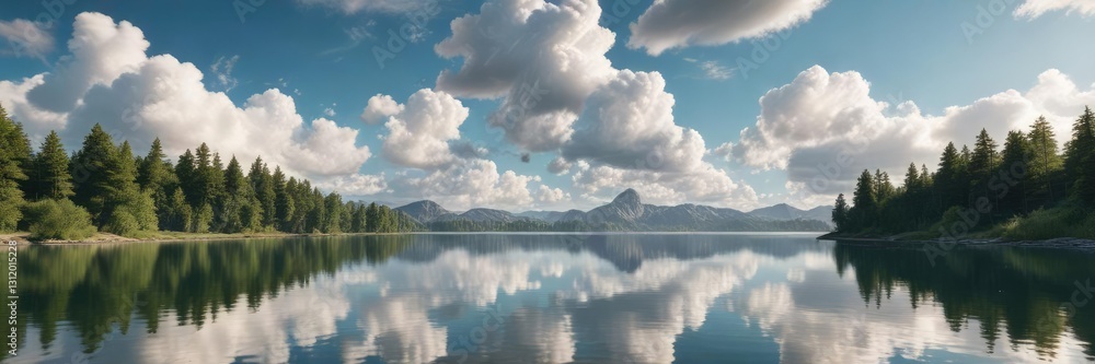 High-level clouds float above a tranquil lake on a warm summer day, soft focus, calming hues High-level clouds float above a tranquil lake on a warm summer day, soft focus, calming hues