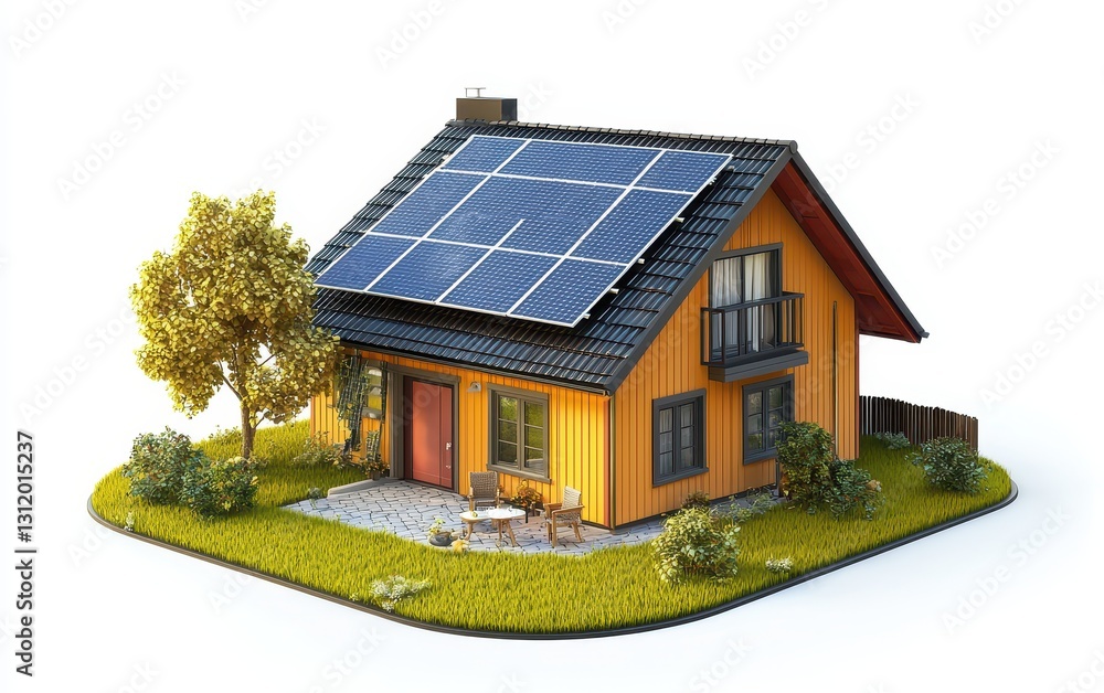 Single Scandinavian-style house with solar panels and a small cozy backyard, isolated on a white background Single Scandinavian-style house with solar panels and a small cozy backyard, isolated on a white background