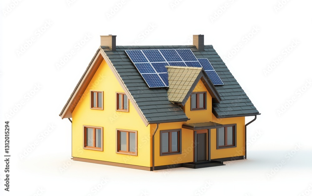 Single Scandinavian-style house with solar panels and a modern minimalist design, isolated on a white background Single Scandinavian-style house with solar panels and a modern minimalist design, isolated on a white background