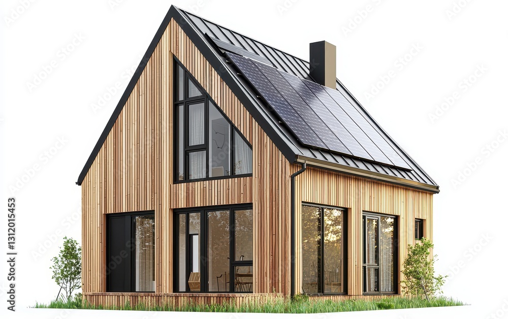 Single Scandinavian-style house with solar panels and black-framed windows, isolated on a white background Single Scandinavian-style house with solar panels and black-framed windows, isolated on a white background