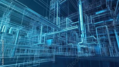 Blueprint of a Complex Industrial Structure: A 3D Wireframe Visualization