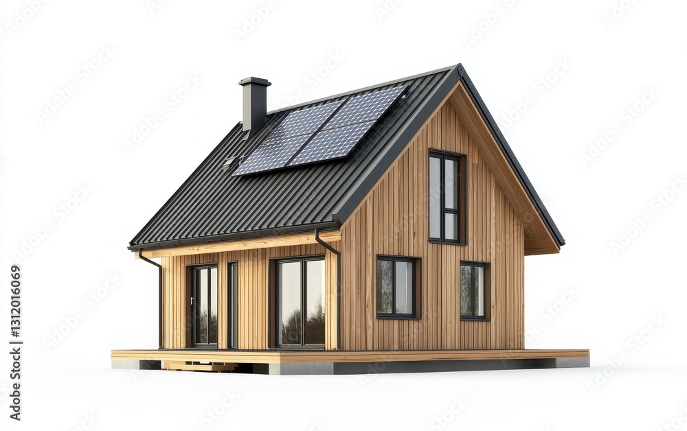 Single Scandinavian-style house with solar panels and a black metal roof, isolated on a white background Single Scandinavian-style house with solar panels and a black metal roof, isolated on a white background