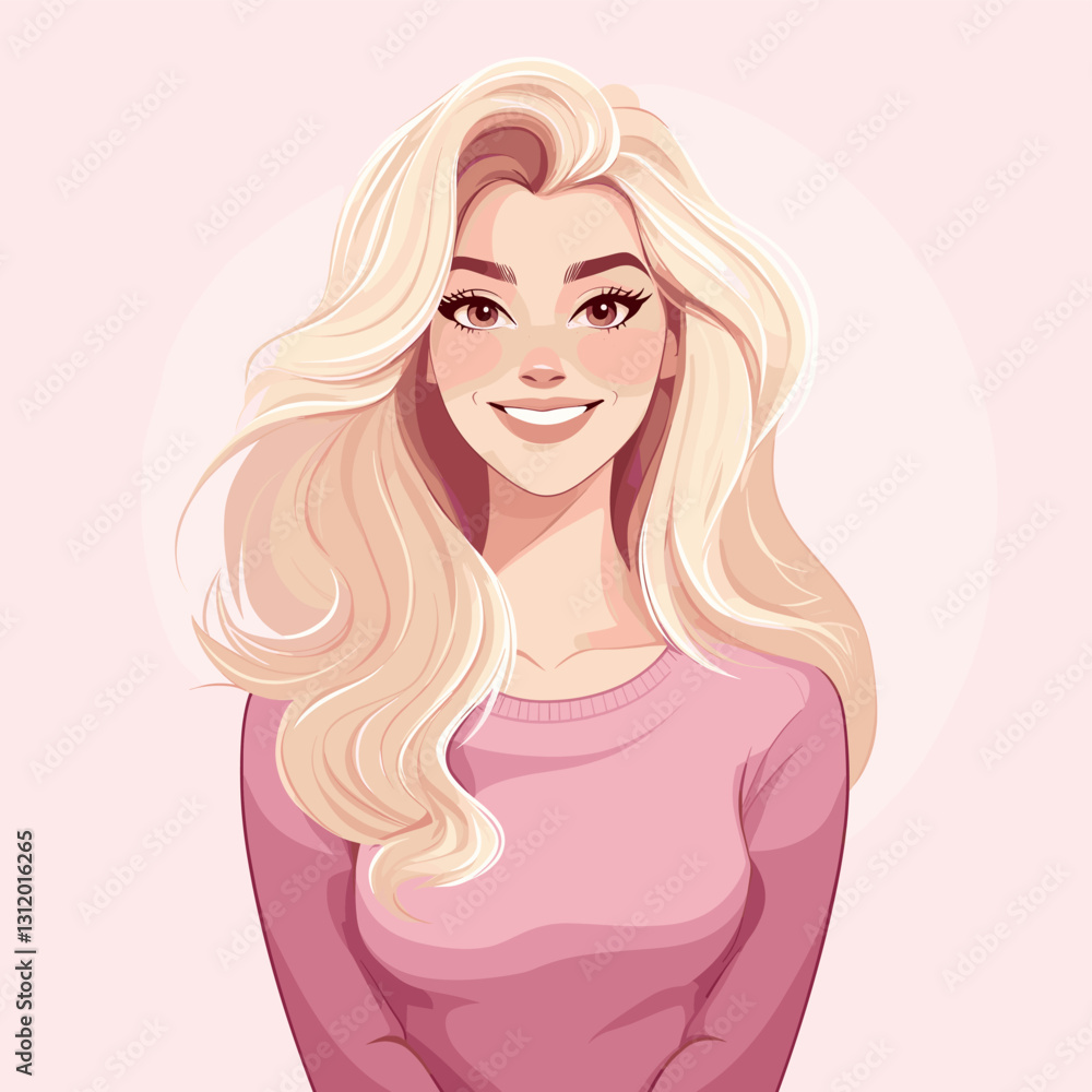 Happy blonde woman, simple but artsy, plain background, flat vector art style. Happy blonde woman, simple but artsy, plain background, flat vector art style.