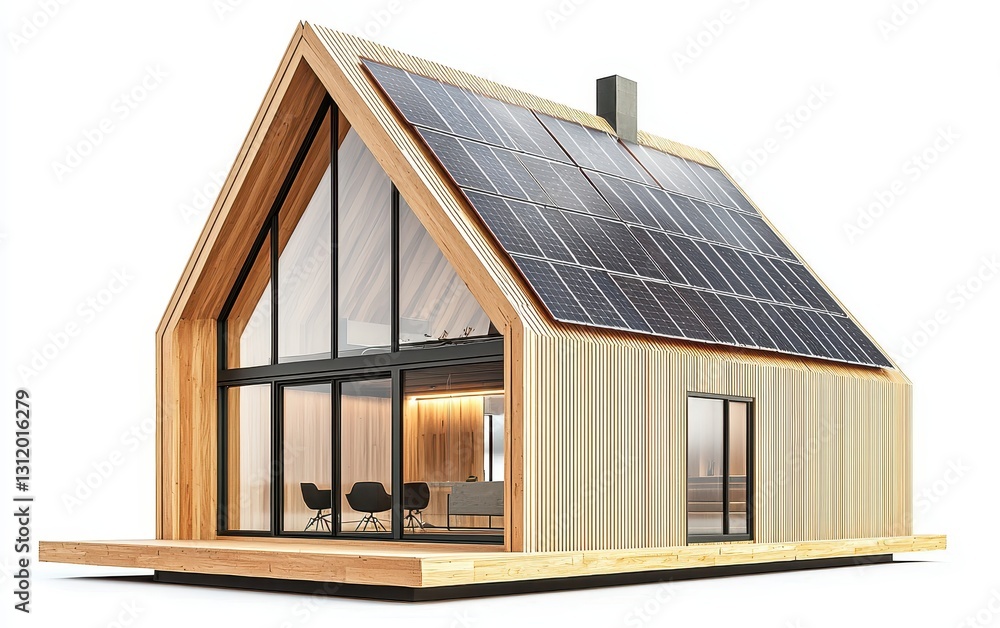 Single Scandinavian-style house with solar panels and large panoramic windows, isolated on a white background Single Scandinavian-style house with solar panels and large panoramic windows, isolated on a white background