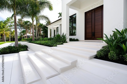 Modern entrance with white steps and lush greenery in a tropical setting