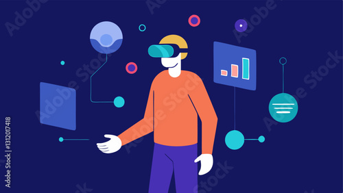 Virtual Reality Interface An illustration of a person interacting with a VR headset that simulates an environment for tracking supplement intake and health progress through