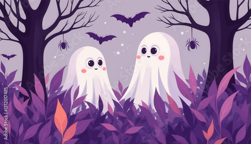 Halloween night, cute cartoon ghosts, bats, and purple foliage