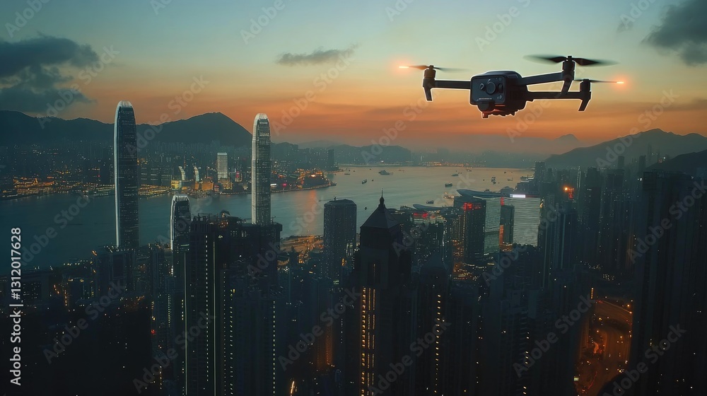 Drone Flying Over Hong Kong Cityscape at Sunset Drone Flying Over Hong Kong Cityscape at Sunset