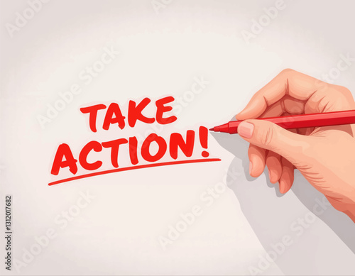 Hand with red pen writing "Take Action!" on white surface